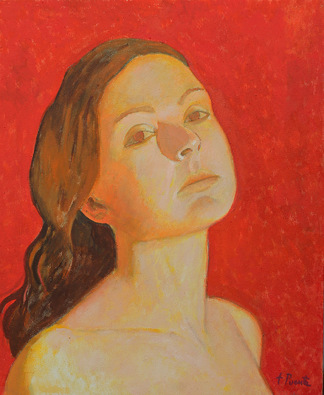 Pintura 'Cabeza de mujer con fondo rojo nº1' de Fernando Puente, 61 x 50 cm